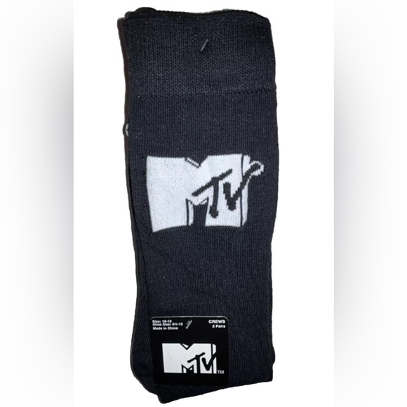 MTV Crew Socks 2 Pair Men 6.5-12 Black Gray w White Logo Music TV My Videos NEW! - Picture 9 of 9